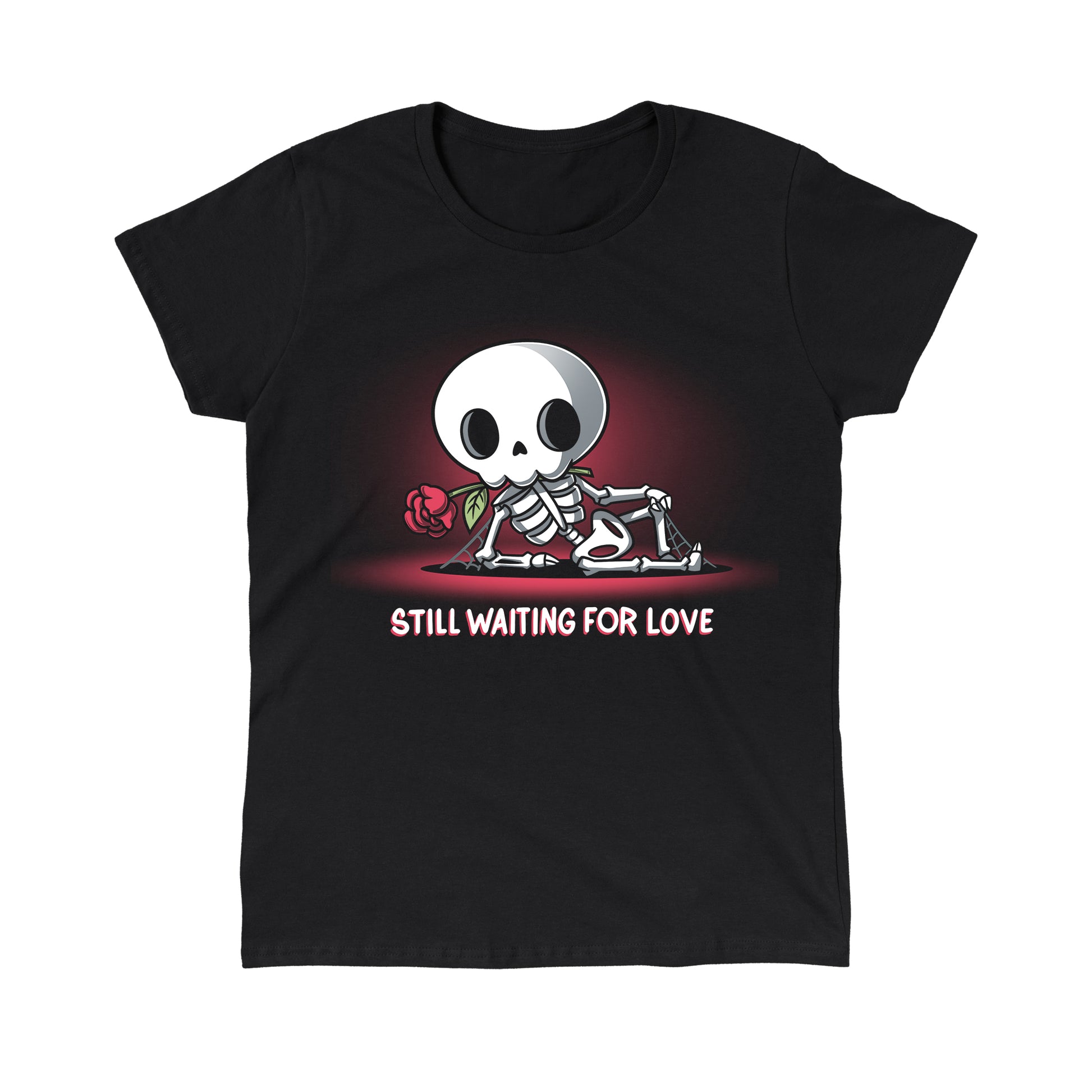 Classic Cotton T-shirt_TeeTurtle Still Waiting For Love black t-shirt featuring a skeleton holding a red rose and lying on the ground with the text "Still Waiting for Love."