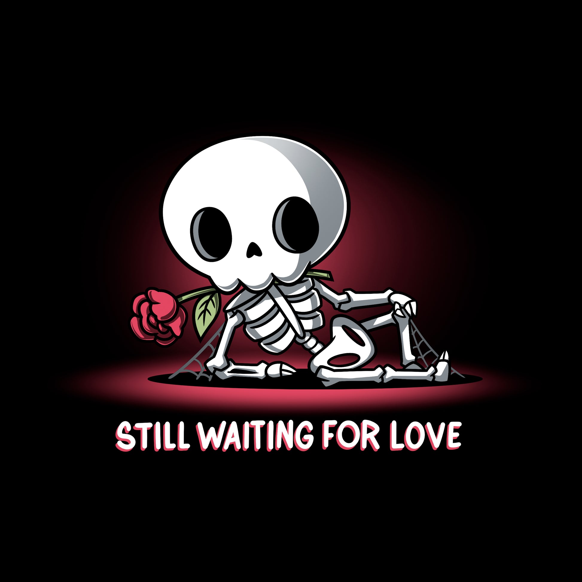 Classic Cotton T-shirt_TeeTurtle Still Waiting For Love black t-shirt featuring a skeleton holding a red rose and lying on the ground with the text "Still Waiting for Love."