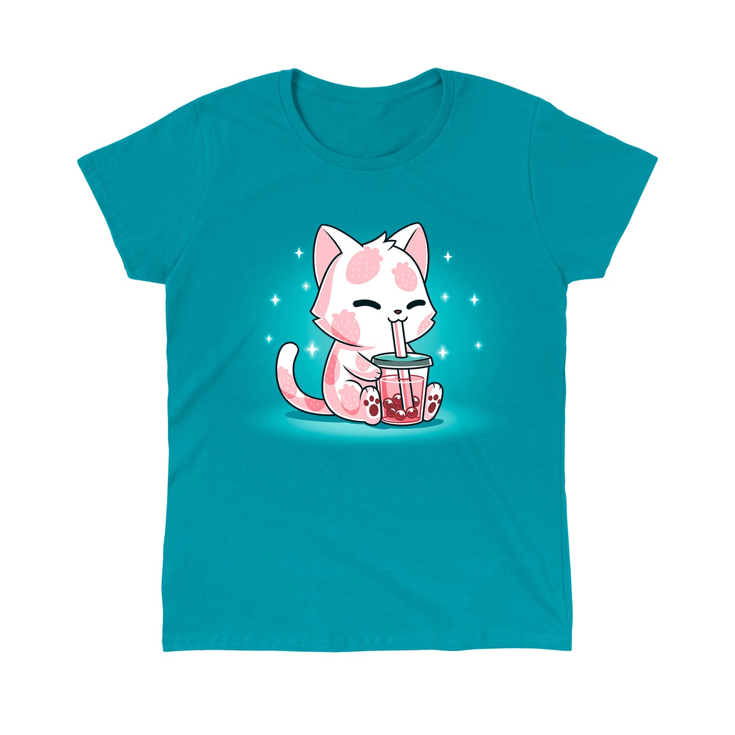 Classic Cotton T-shirt_TeeTurtle Strawberry Boba Cat Tropical Blue t-shirt featuring a kawaii & sweet pink cat with strawberries on their fur while drinking a pink boba drink.