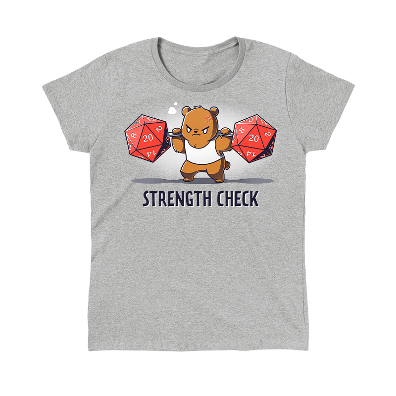 Classic Cotton T-shirt_TeeTurtle Strength Check heather gray t-shirt featuring a determined brown bear in a sleeveless workout shirt who lifts two large red 20-sided dice on a bar while straining, with "Strength Check" written below.