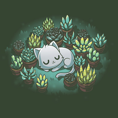 Classic Cotton T-shirt_TeeTurtle Succulent Garden Forrest Green t-shirt featuring an illustration of a white cat sleeping, surrounded by various green and yellow succulent plants in pots, set against a dark green background. 