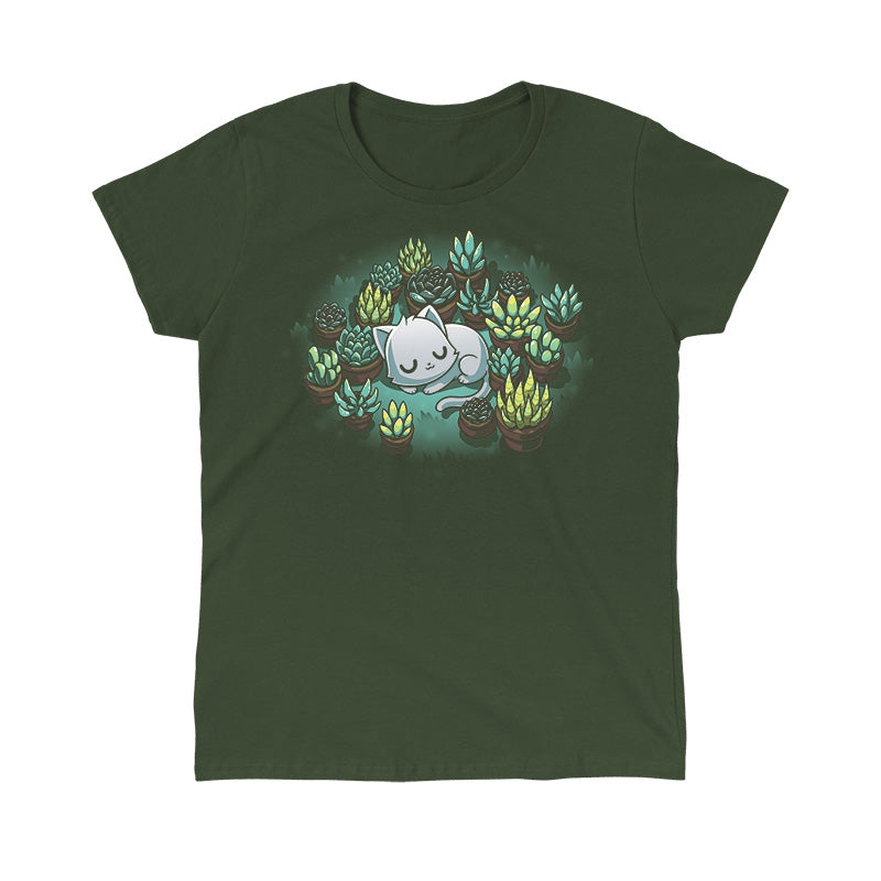 Classic Cotton T-shirt_TeeTurtle Succulent Garden Forrest Green t-shirt featuring an illustration of a white cat sleeping, surrounded by various green and yellow succulent plants in pots, set against a dark green background. 