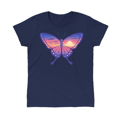 Classic Cotton T-shirt_TeeTurtle navy blue Sunset Butterfly. Featuring a butterfly with a sunset ocean landscape on its wings.