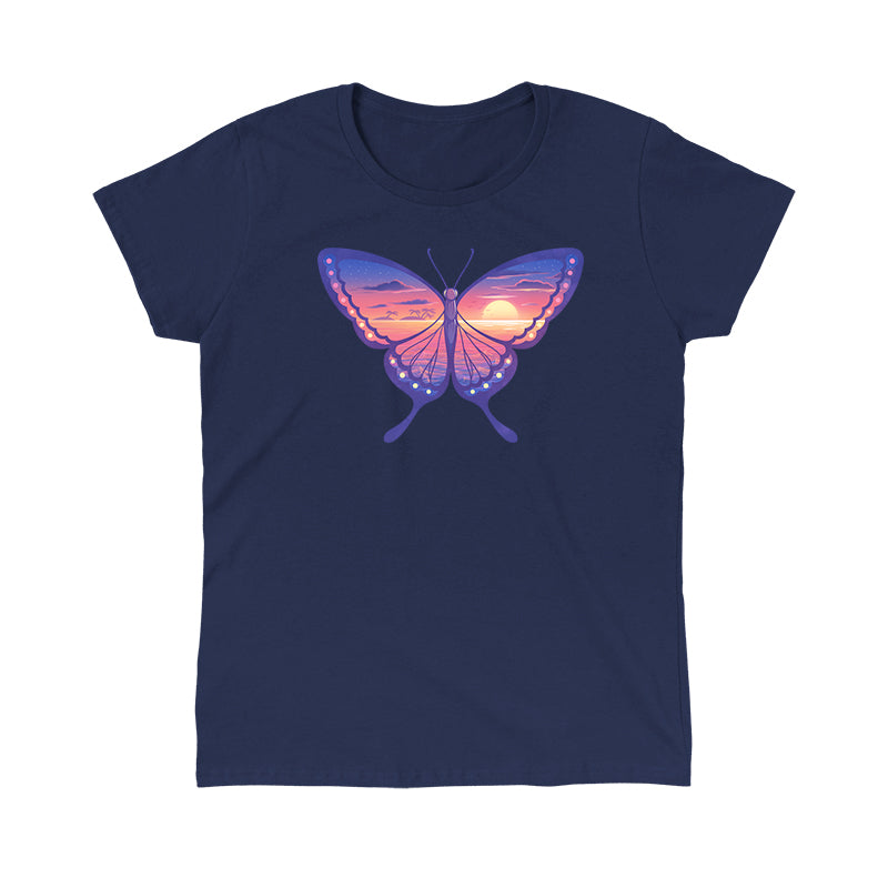 Classic Cotton T-shirt_TeeTurtle navy blue Sunset Butterfly. Featuring a butterfly with a sunset ocean landscape on its wings.