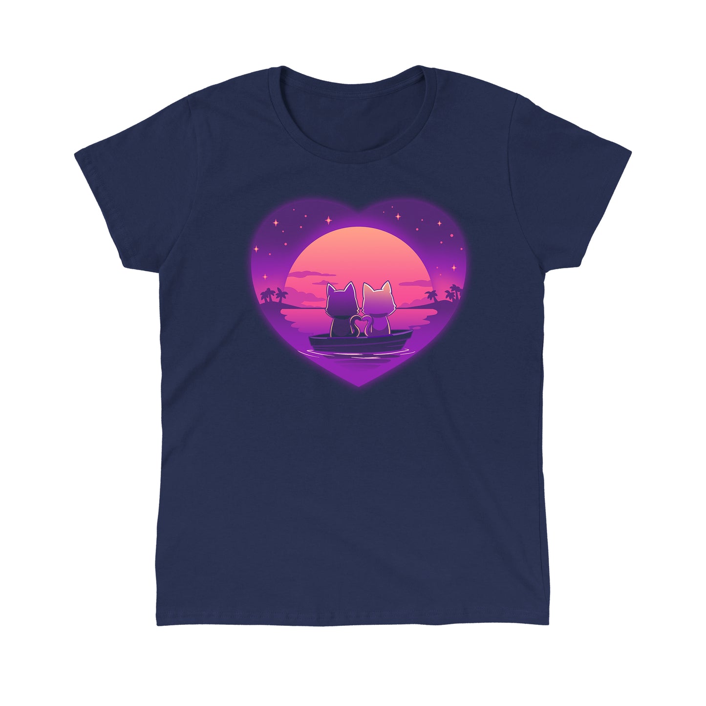 Classic Cotton T-shirt_TeeTurtle Sunset Romance navy blue t-shirt featuring two cats sitting in a boat on calm water, gazing at a colorful sunset framed by a heart shape, with a starry sky and palm trees in the background.