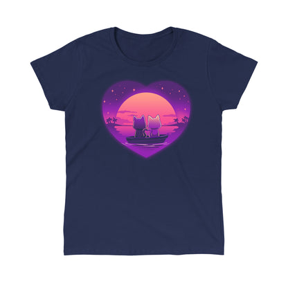 Classic Cotton T-shirt_TeeTurtle Sunset Romance navy blue t-shirt featuring two cats sitting in a boat on calm water, gazing at a colorful sunset framed by a heart shape, with a starry sky and palm trees in the background.