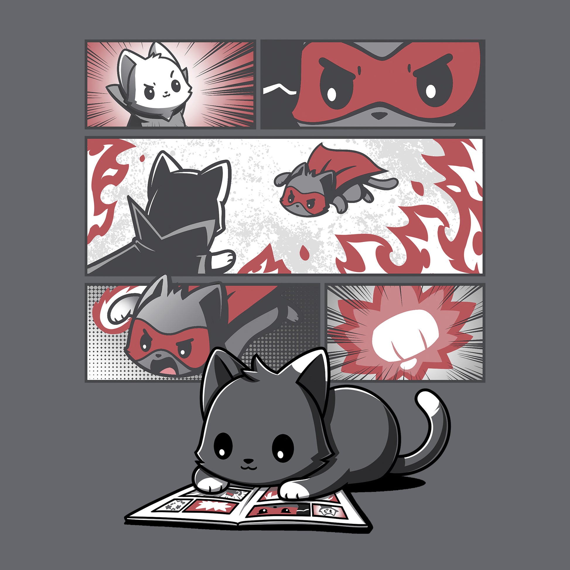 Classic Cotton T-shirt_TeeTurtle Supercat Comic Charcoal Gray t-shirt featuring a gray cat reading a comic book and imagines itself as a superhero. The comic panels above depict the cat, branded as "Supercat," in a red mask and cape, flying, fighting, and displaying determined expressions. 