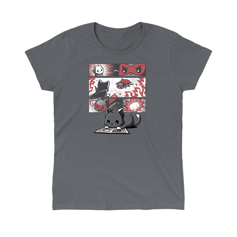 Classic Cotton T-shirt_TeeTurtle Supercat Comic Charcoal Gray t-shirt featuring a gray cat reading a comic book and imagines itself as a superhero. The comic panels above depict the cat, branded as "Supercat," in a red mask and cape, flying, fighting, and displaying determined expressions. 