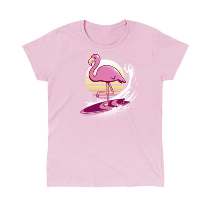 Classic Cotton T-shirt_TeeTurtle Surfing Flamingo light pink t-shirt featuring an artistic flamingo on a surfboard with a sun behind.