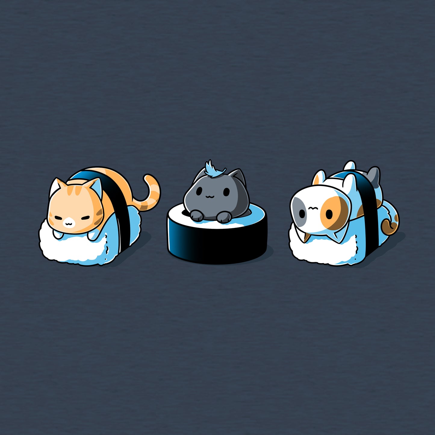 Classic Cotton T-shirt_Teeturtle Sushi Cats heather navy t-shirt featuring three  cats styled as sushi: the left cat wrapped in seaweed on rice, the middle cat atop a rice and seaweed base, and the right cat wrapped in seaweed on rice.