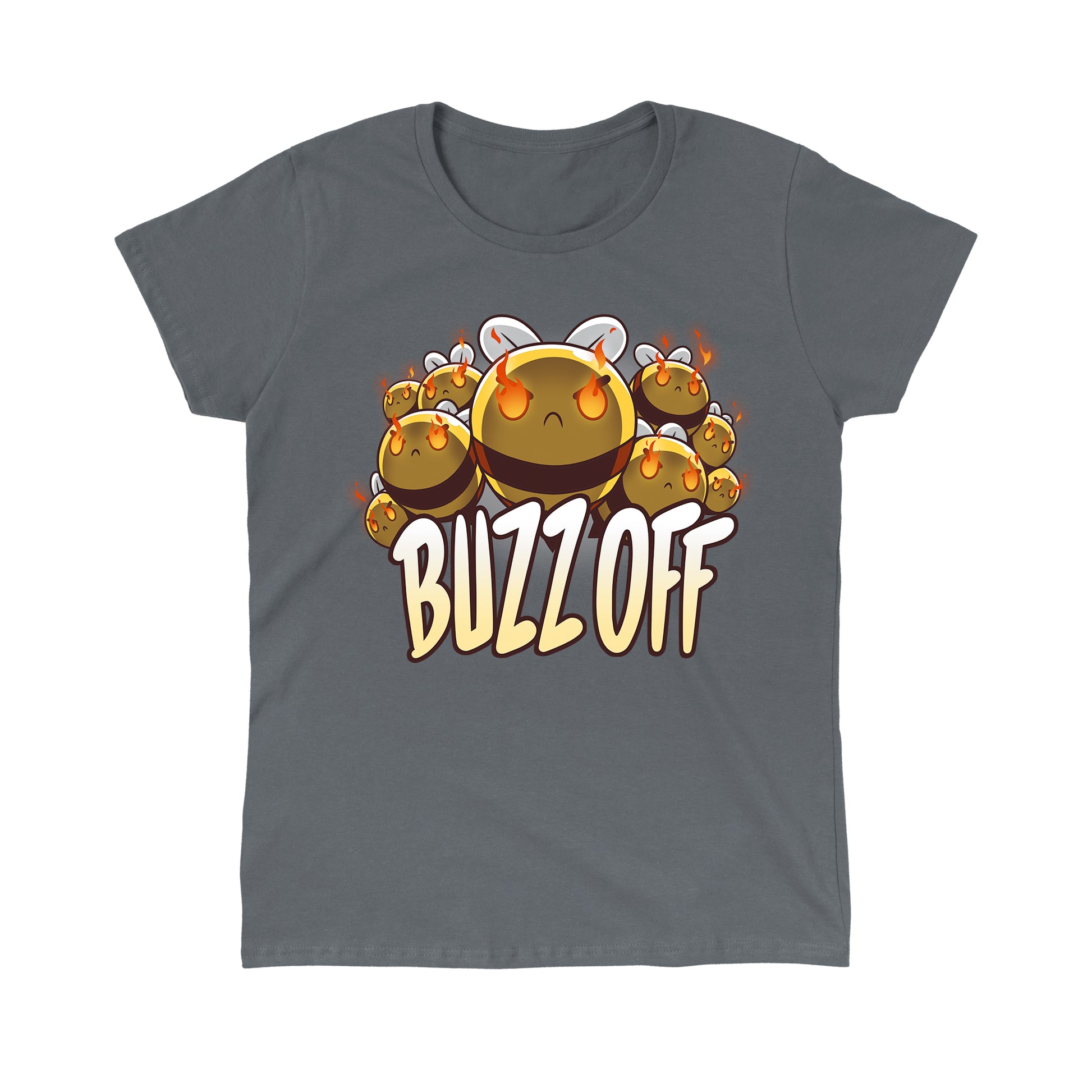 Classic Cotton T-shirt_TeeTurtle Swarm of Fury charcoal gray t-shirt featuring a group of angry bees with flames in their eyes, accompanied by the text "BUZZ OFF" written underneath. 