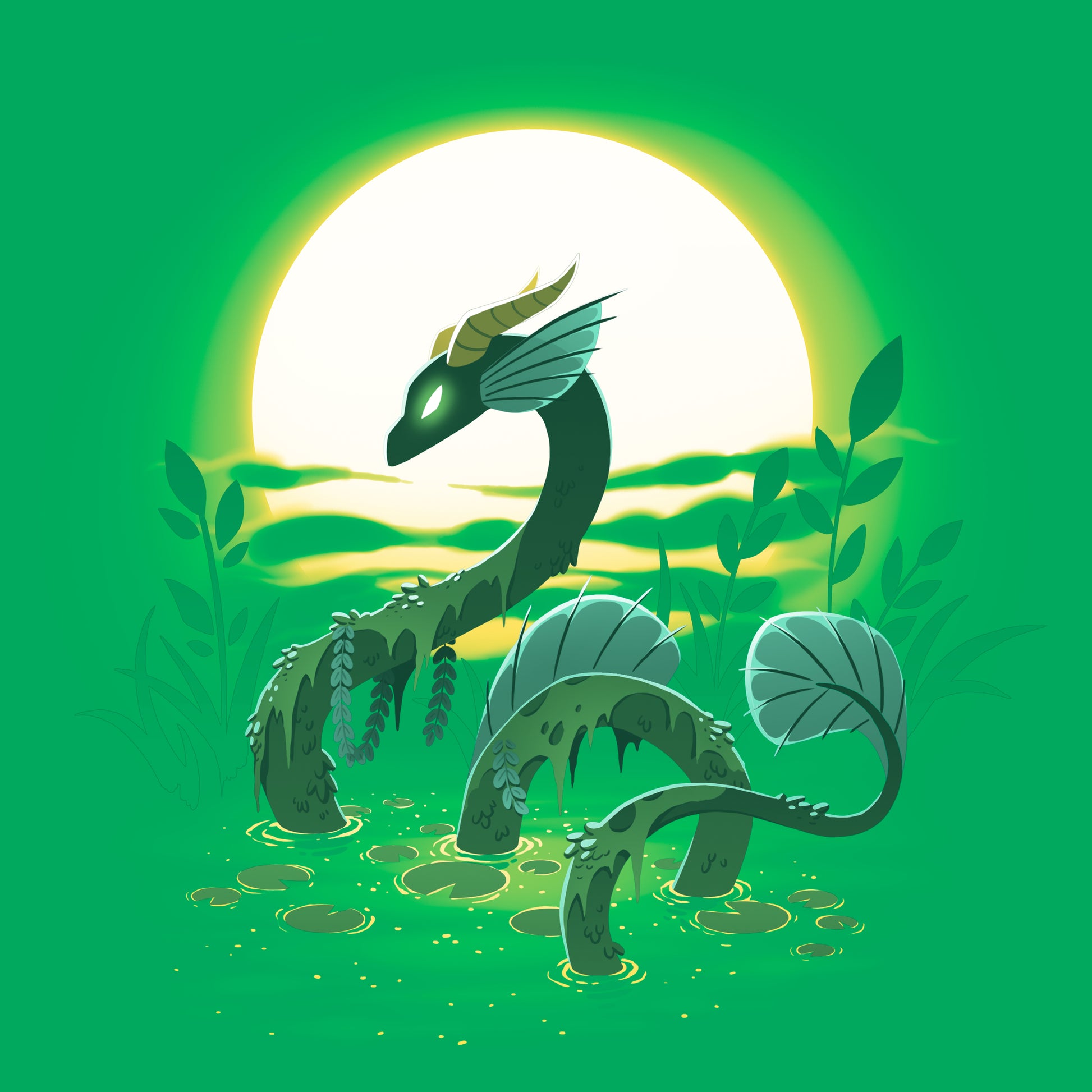 Classic Cotton T-shirt_TeeTurtle Swamp Dragon irish green t-shirt featuring a magical dragon coming up out of a swamp covered in greenery with a sun setting in the background.