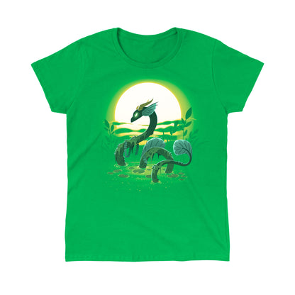 Classic Cotton T-shirt_TeeTurtle Swamp Dragon irish green t-shirt featuring a magical dragon coming up out of a swamp covered in greenery with a sun setting in the background.