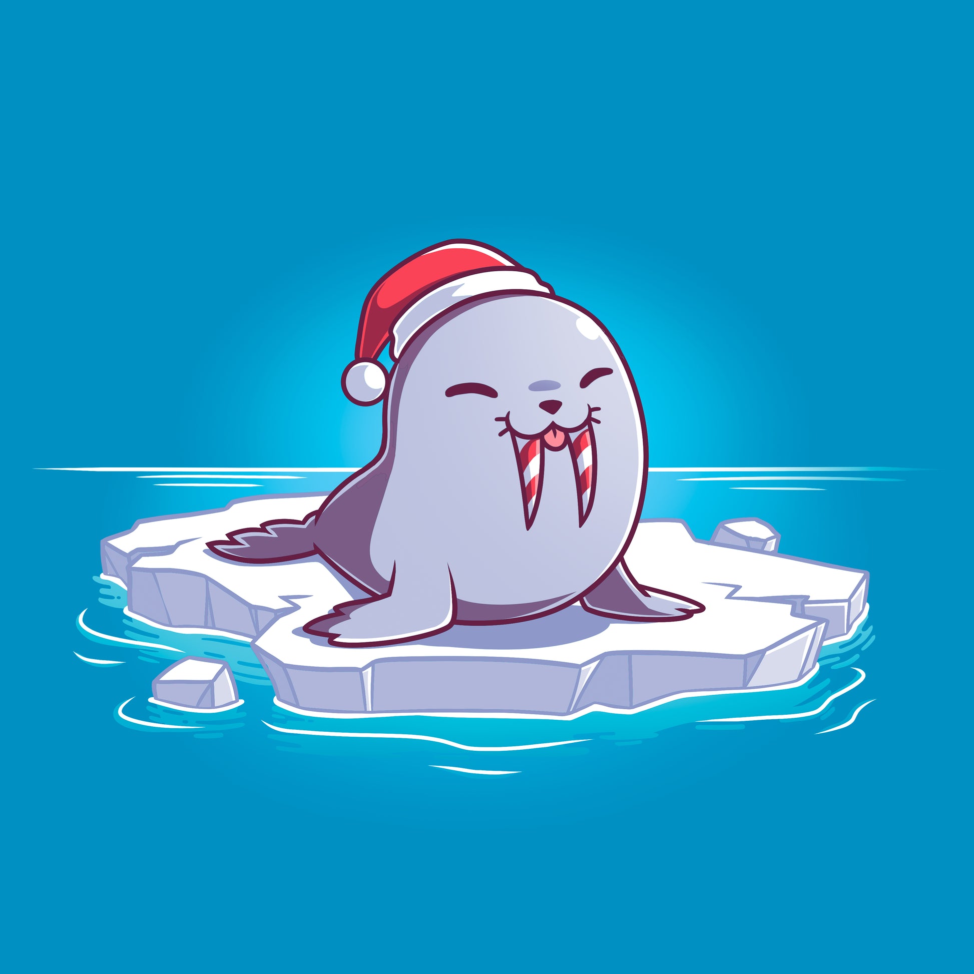 Classic Cotton T-shirt_TeeTurtle Sweet Tooth Sapphire Blue t-shirt featuring an illustration of a smiling walrus wearing a Santa hat, sitting on a floating ice. It's tusks are striped with red and white making them look like candy canes. It's also sticking out it's tongue. 