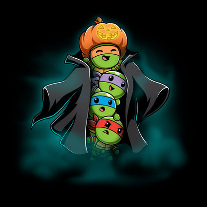 Long Sleeve T-shirt_TeeTurtle black TMNT Stack-o'-Lantern apparel featuring Michelangelo, Donatello, Leonardo, and Raphael in a stack wearing a trench coat with Michelangelo holding a pumpkin as their costume’s head, and with a spooky foggy background.