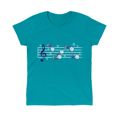 Classic Cotton T-shirt_Teeturtle Tadpool Tune tropical blue t-shirt featuring a gaggle of adorable cartoon tadpoles swimming along a music score.