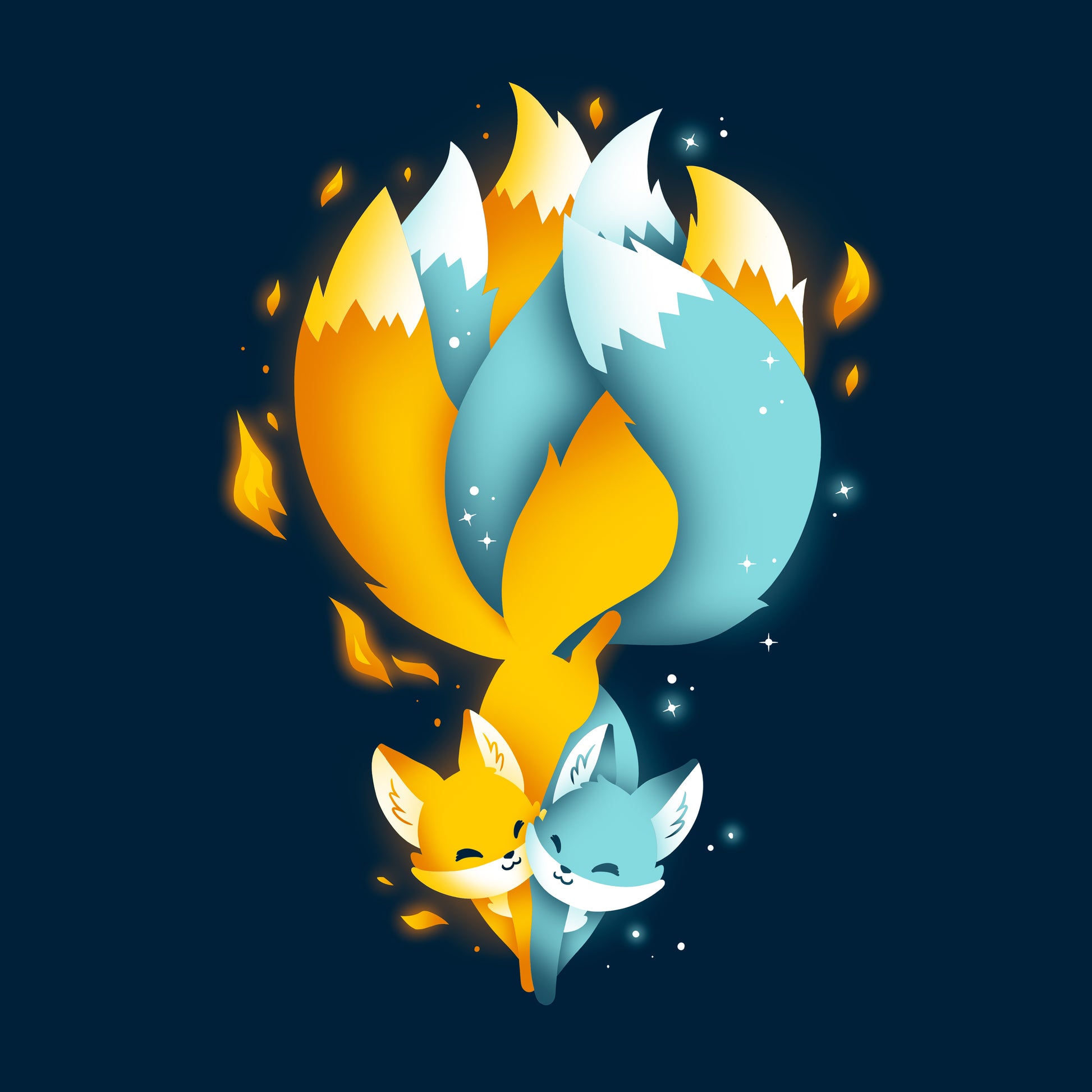 Classic Cotton T-shirt_TeeTurtle Tails of Fire and Ice navy blue t-shirt featuring an orange and blue kitsune with their tails interlocked with flames and ice sparkles surrounding them.