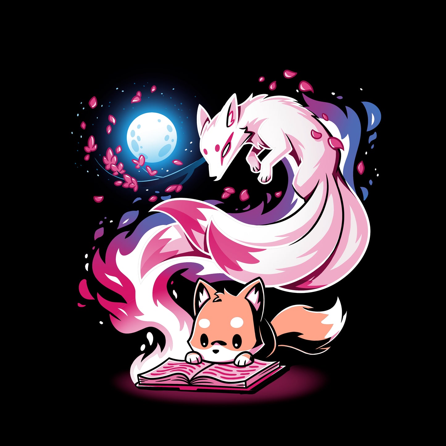 Classic Cotton T-shirt_TeeTurtle Tale of Tails black t-shirt featuring a fox reading with a magical kitsune coming out of the book.