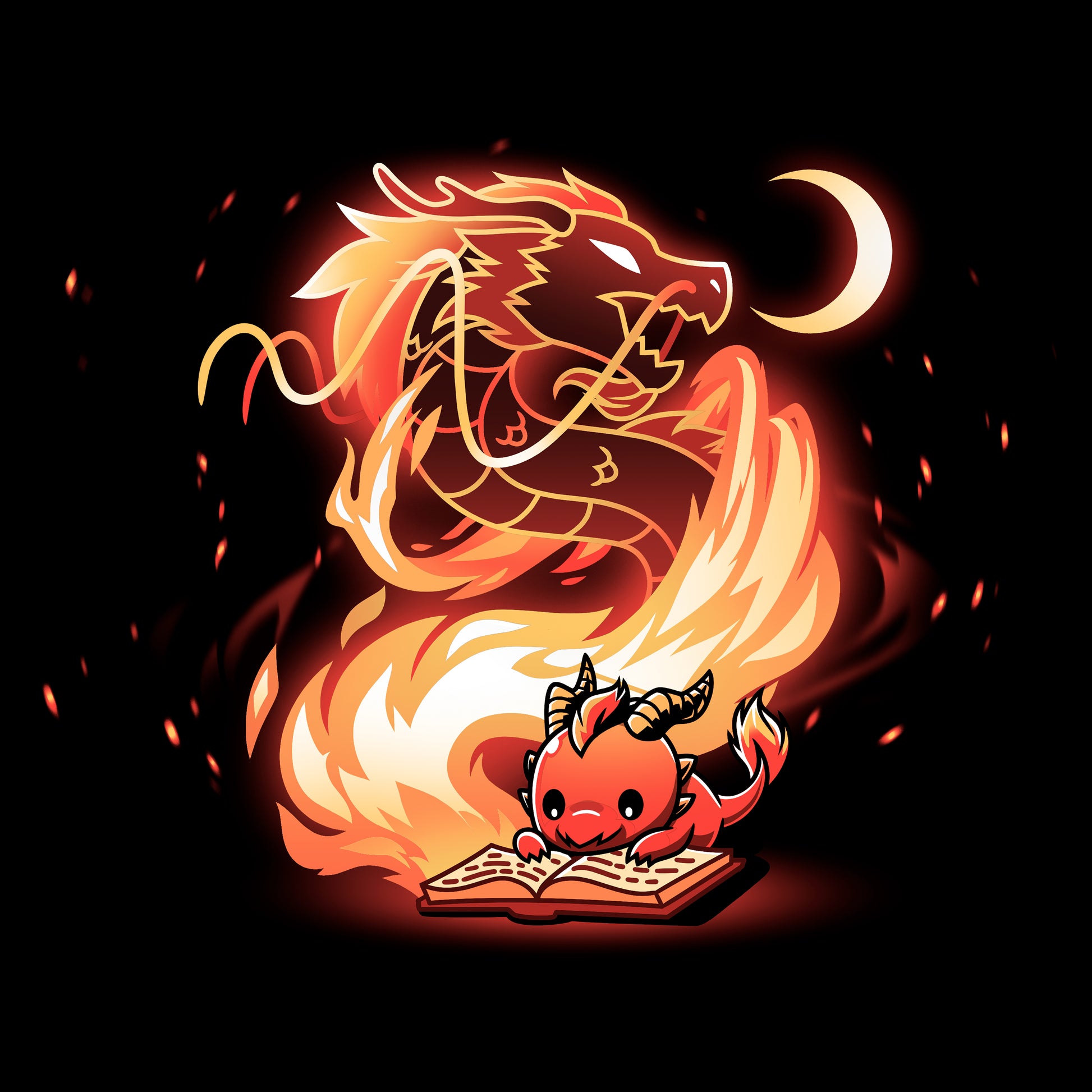 Classic Cotton T-shirt_TeeTurtle Tale Of Scales black t-shirt featuring an illustration of a little red dragon reading a book that has a large, fiery dragon swirling in flames coming out from the book and a small crescent moon in the top right corner near the large dragon's head.