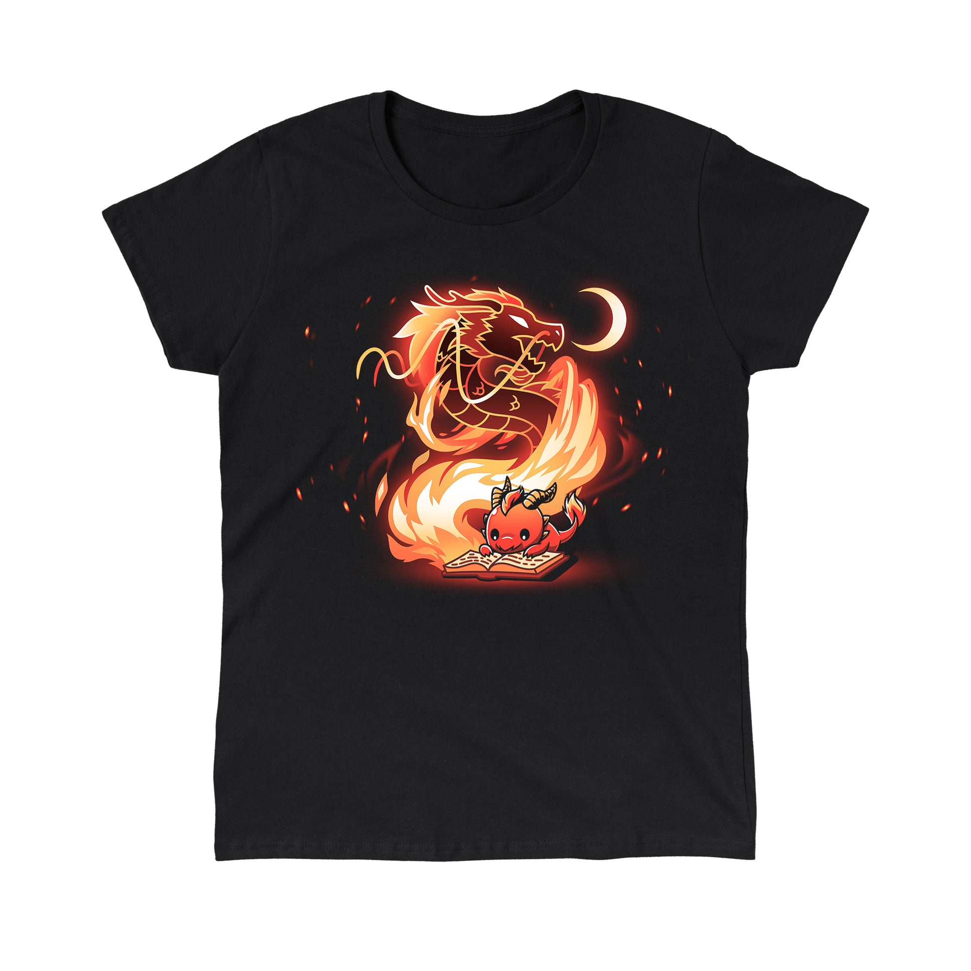 Classic Cotton T-shirt_TeeTurtle Tale Of Scales black t-shirt featuring an illustration of a little red dragon reading a book that has a large, fiery dragon swirling in flames coming out from the book and a small crescent moon in the top right corner near the large dragon's head.