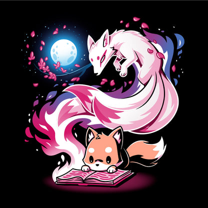 Pullover Hoodie_TeeTurtle Tale of Tails black t-shirt featuring a fox reading with a magical kitsune coming out of the book.