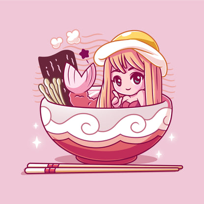 Classic Cotton T-shirt_TeeTurtle pink Tempura Mermaid. Featuring a mermaid with a tempura tail in a ramen bowl.