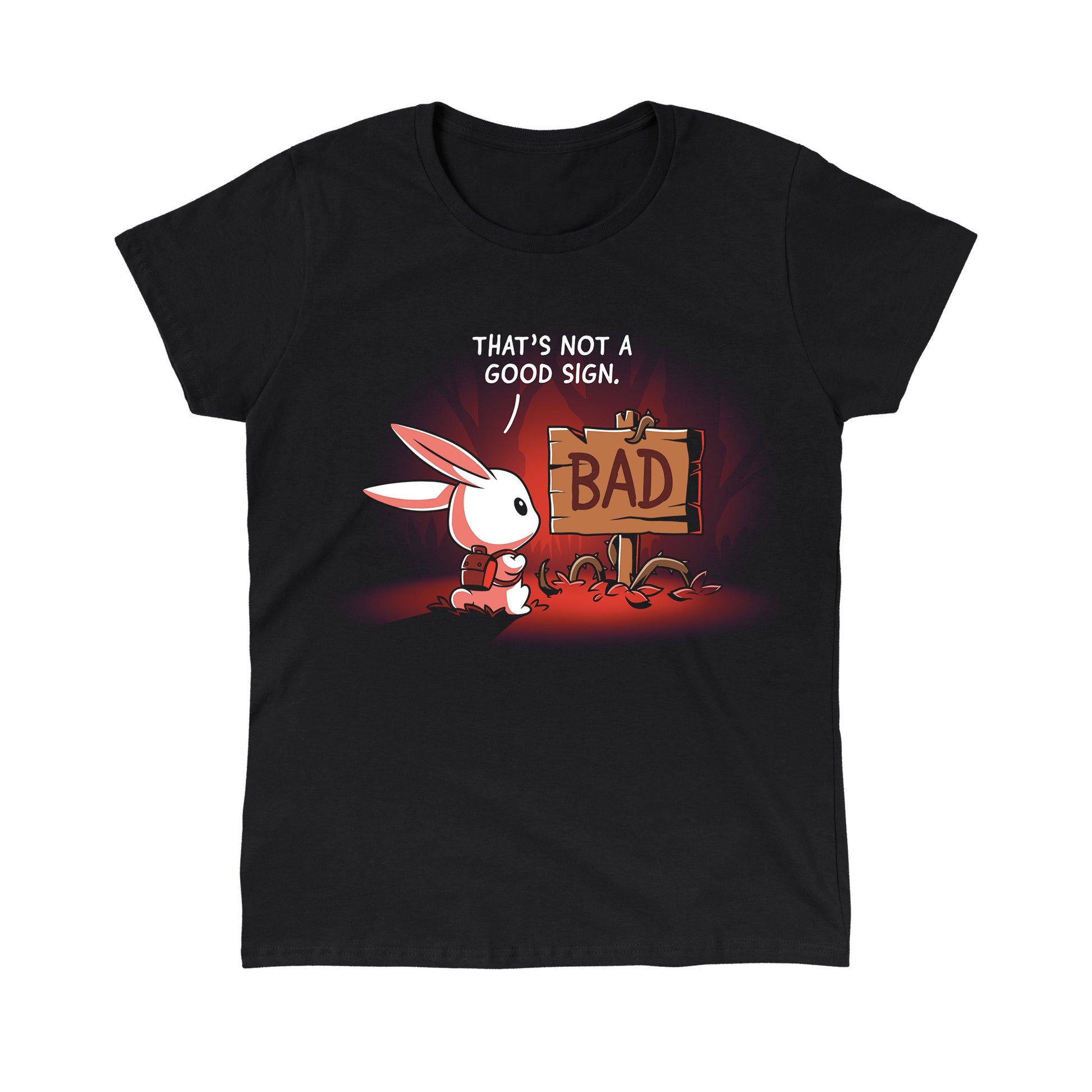 Classic Cotton T-shirt_TeeTurtle That's Not a Good Sign black t-shirt featuring an adventurous bunny looking at a wooden sign with the word "bad" on it.