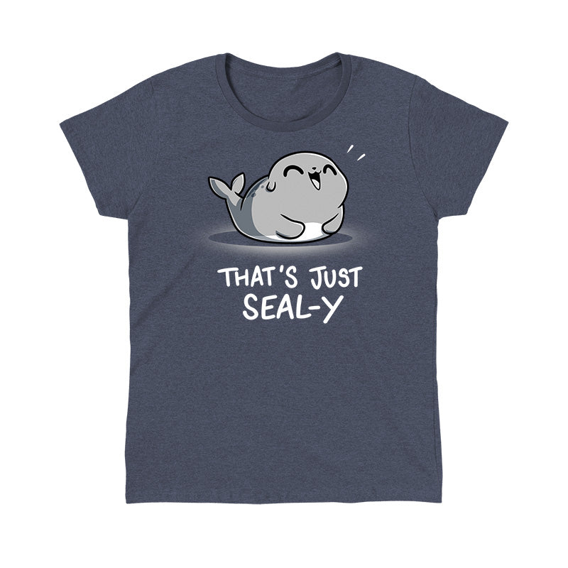 Classic Cotton T-shirt_TeeTurtle That's Just Seal-y heather navy t-shirt featuring a seal with a happy expression and text below reading, "that's just seal-y,"