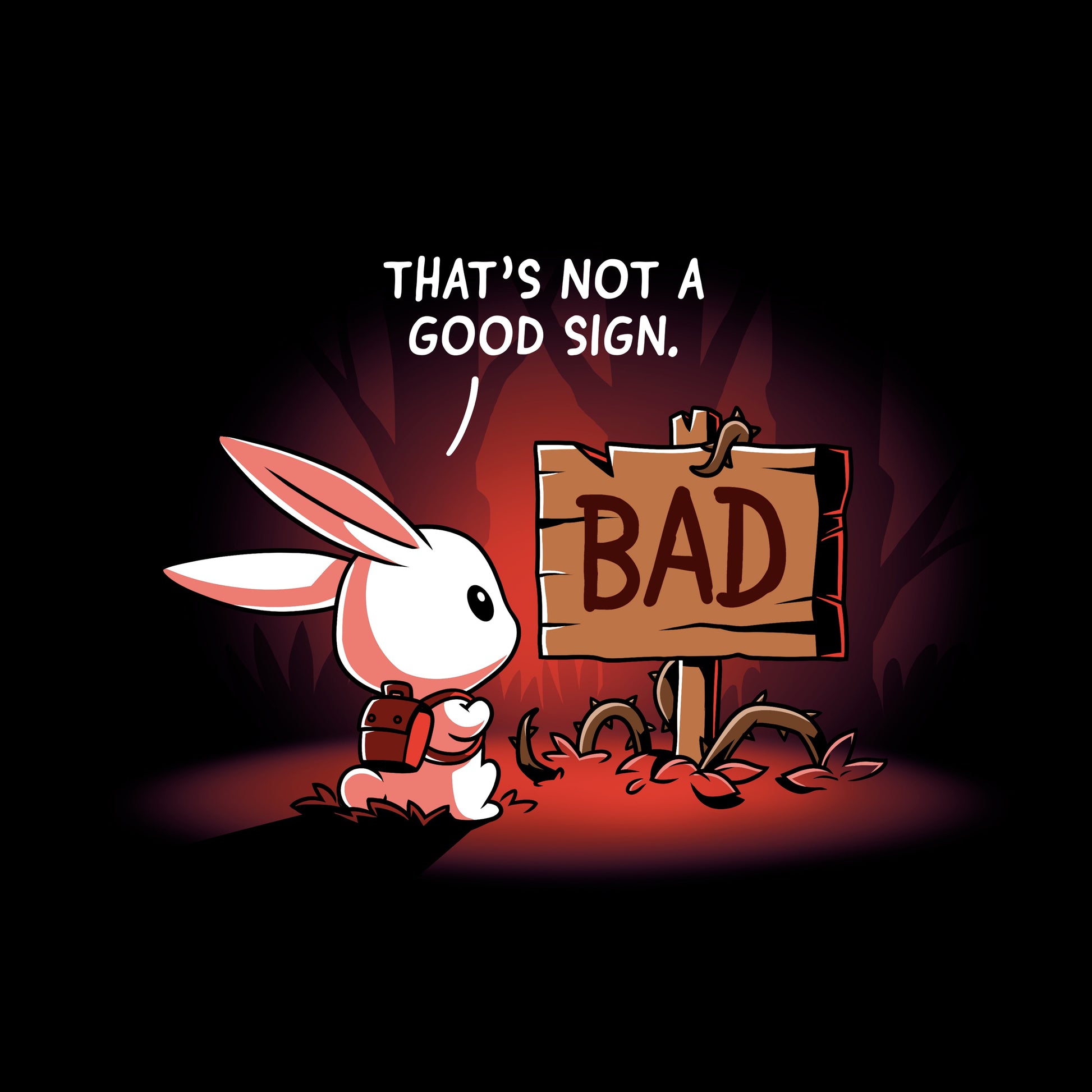 Pullover Hoodie_TeeTurtle That's Not a Good Sign black design featuring an adventurous bunny looking at a wooden sign with the word "bad" on it.