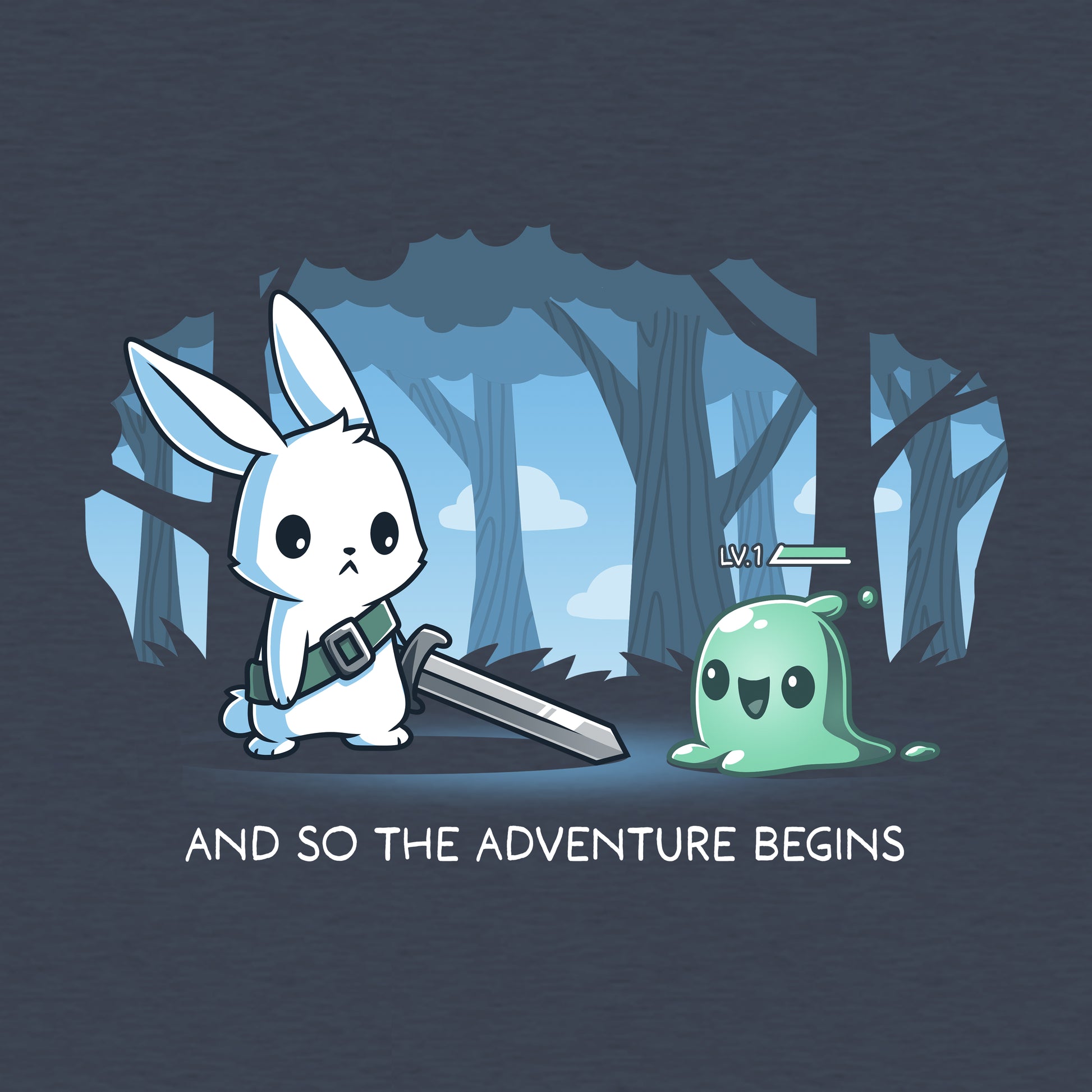 Classic Cotton T-shirt_TeeTurtle The Adventure Begins heather navy t-shirt featuring a cartoon rabbit brandishing a sword facing a small green slime creature labeled 'LV.1' in a forest. The text below reads, "AND SO THE ADVENTURE BEGINS." 