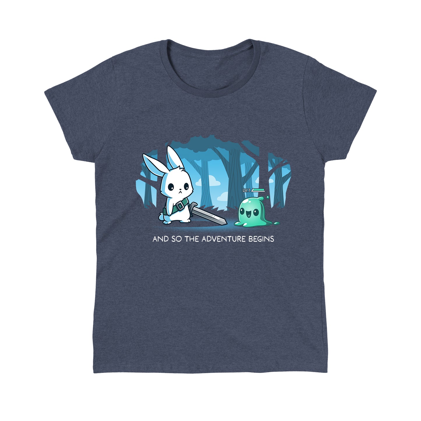 Classic Cotton T-shirt_TeeTurtle The Adventure Begins heather navy t-shirt featuring a cartoon rabbit brandishing a sword facing a small green slime creature labeled 'LV.1' in a forest. The text below reads, "AND SO THE ADVENTURE BEGINS." 