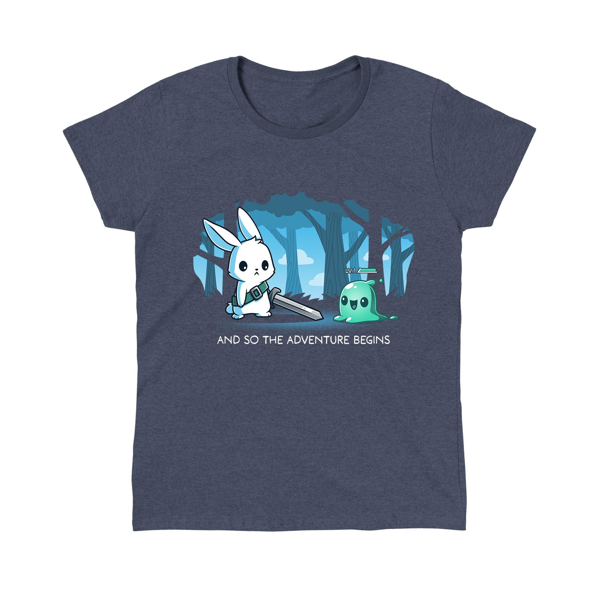 Classic Cotton T-shirt_TeeTurtle The Adventure Begins heather navy t-shirt featuring a cartoon rabbit brandishing a sword facing a small green slime creature labeled 'LV.1' in a forest. The text below reads, "AND SO THE ADVENTURE BEGINS." 