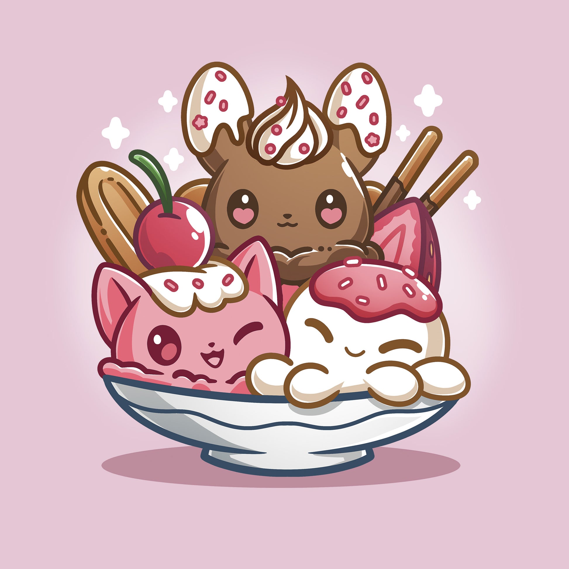 Classic Cotton T-shirt_TeeTurtle light pink The Sweetest Treat apparel featuring a bunny, octopus, and cat made out of ice cream in an ice cream sundae bowl.