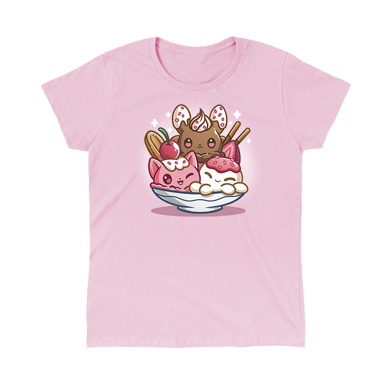 Classic Cotton T-shirt_TeeTurtle light pink The Sweetest Treat apparel featuring a bunny, octopus, and cat made out of ice cream in an ice cream sundae bowl.