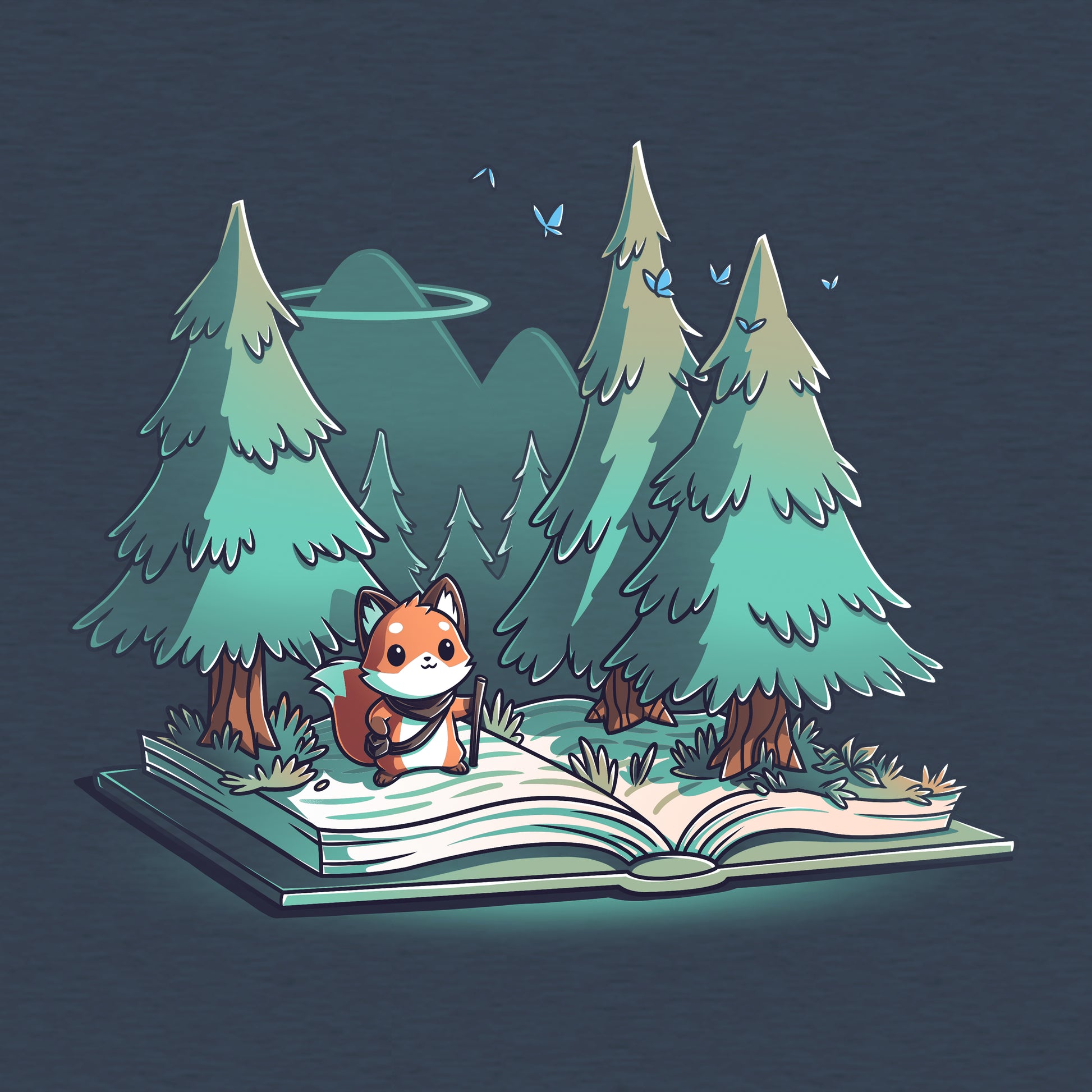 Classic Cotton T-shirt_TeeTurtle  Adventurer's Tale Heather Navy t-shirt features an enchanting illustration of a fox standing on an open book transformed into a forest, with trees and mountains in the background.