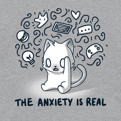 Classic Cotton T-shirt_Teeturtle The Anxiety is Real Heather Gray Featuring an anxious white cat holding its head while imagining all the various things it's anxious about with the image set above the words 'The Anxiety is Real'.