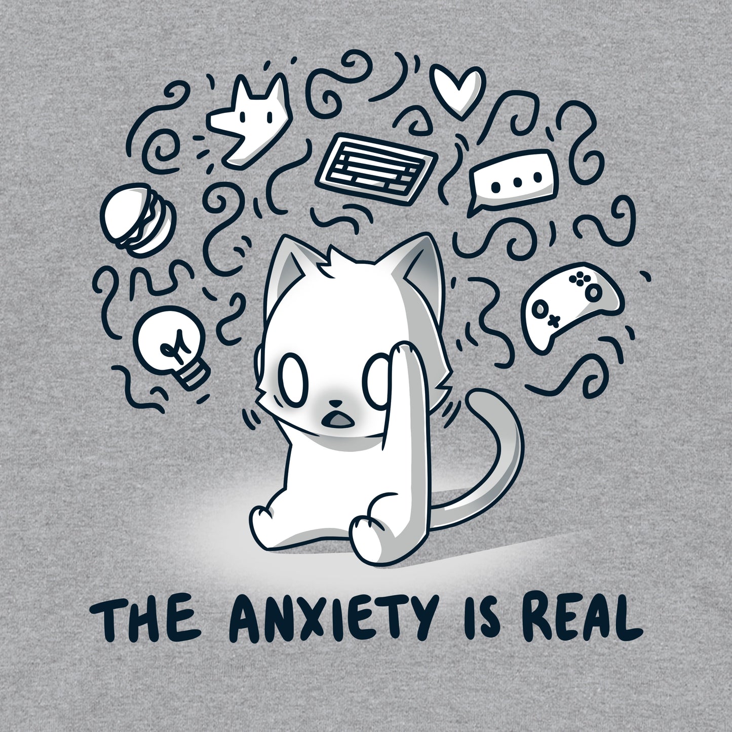 Pullover Hoodie_Teeturtle The Anxiety is Real Heather Gray Featuring an anxious white cat holding its head while imagining all the various things it's anxious about with the image set above the words 'The Anxiety is Real'.