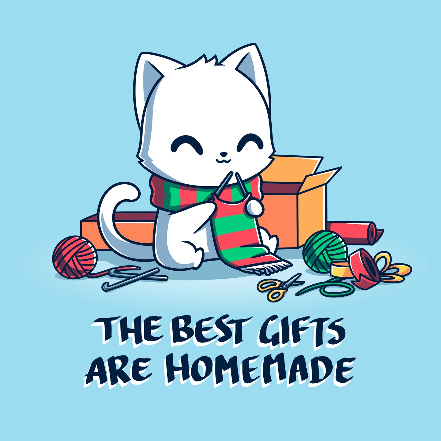 Classic Cotton T-shirt_TeeTurtle light blue The Best Gifts are Homemade apparel featuring a white cat crocheting a red and green scarf, and surrounded by crochet materials, such as crochet hooks, yarn, and a box, with the caption, "The Best Gifts are Homemade".