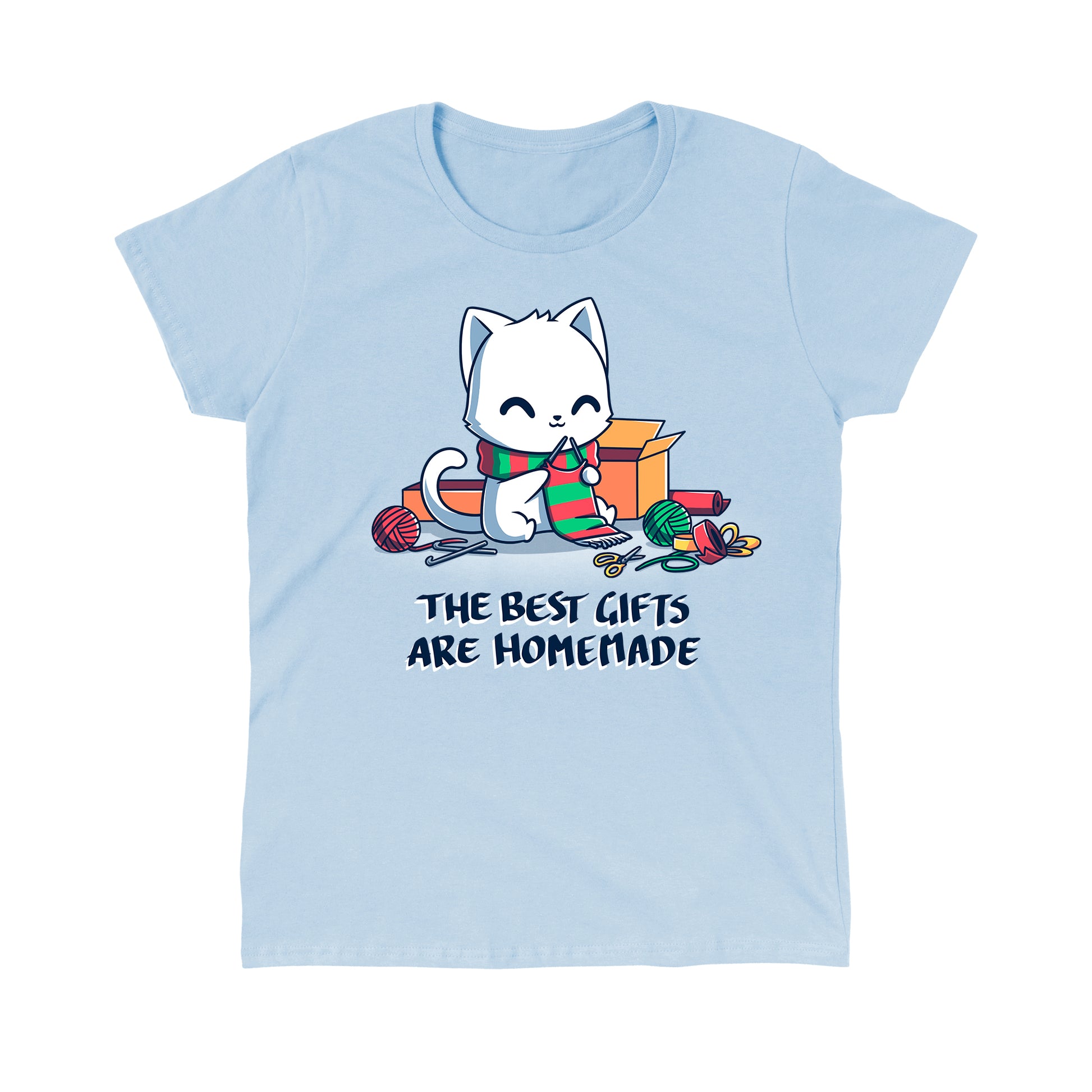 Classic Cotton T-shirt_TeeTurtle light blue The Best Gifts are Homemade apparel featuring a white cat crocheting a red and green scarf, and surrounded by crochet materials, such as crochet hooks, yarn, and a box, with the caption, "The Best Gifts are Homemade".