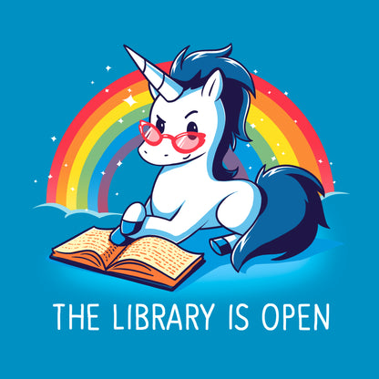 Classic Cotton T-shirt_TeeTurtle The Library is Open sapphire blue t-shirt featuring a unicorn with glasses reading a book against a rainbow backdrop.