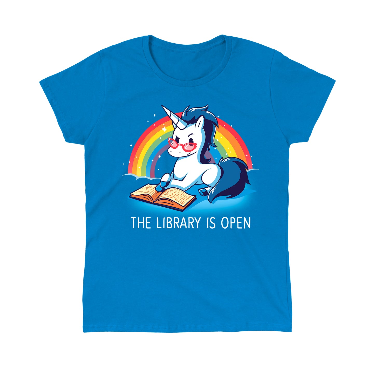 Classic Cotton T-shirt_TeeTurtle The Library is Open sapphire blue t-shirt featuring a unicorn with glasses reading a book against a rainbow backdrop.