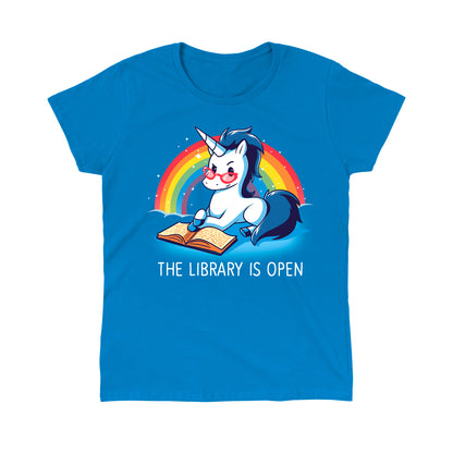 Classic Cotton T-shirt_TeeTurtle The Library is Open sapphire blue t-shirt featuring a unicorn with glasses reading a book against a rainbow backdrop.