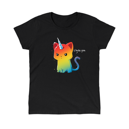 Classic Cotton T-shirt_TeeTurtle black The Magical Kittencorn. Featuring an angry rainbow kittencorn saying, "I hate you.".