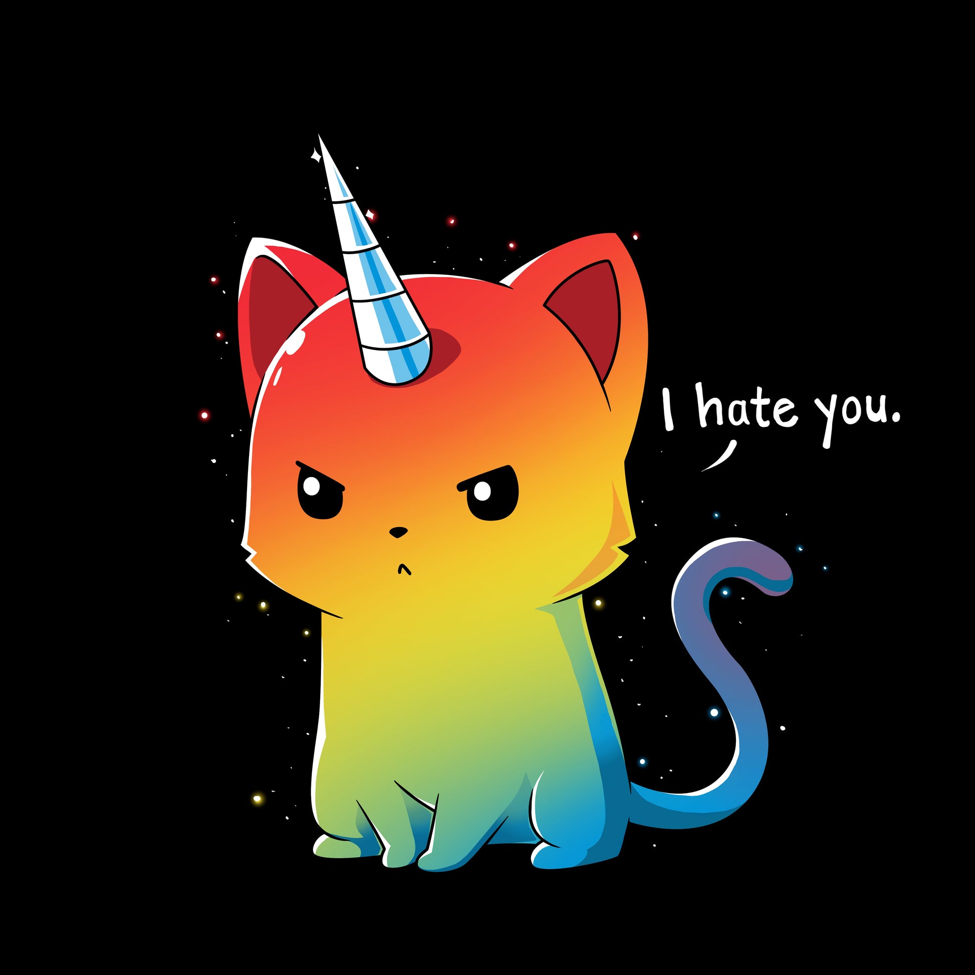 Classic Cotton T-shirt_TeeTurtle black The Magical Kittencorn. Featuring an angry rainbow kittencorn saying, "I hate you.".