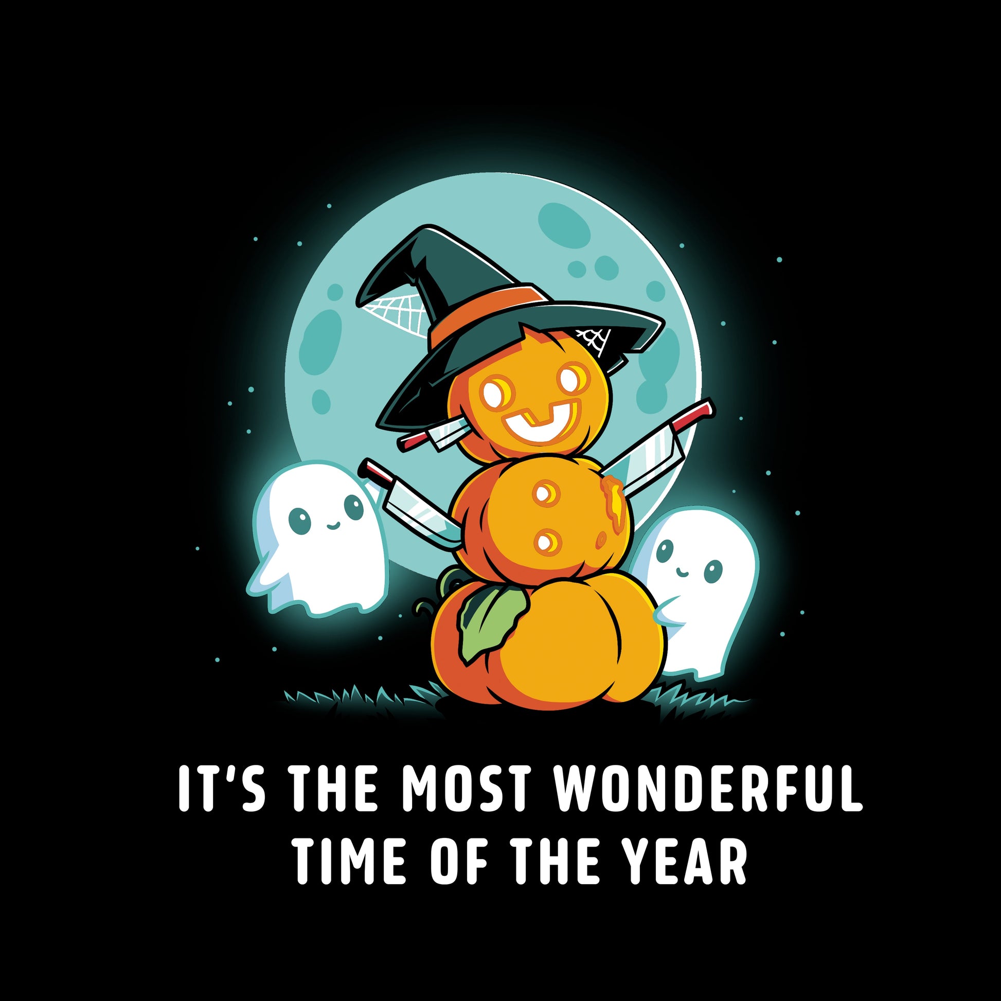 Crew Neck Sweatshirt_TeeTurtle black The Most Wonderful Time of the Year. Featuring a snowman made out of pumpkins with knives sticking out of it surrounded by ghosts.