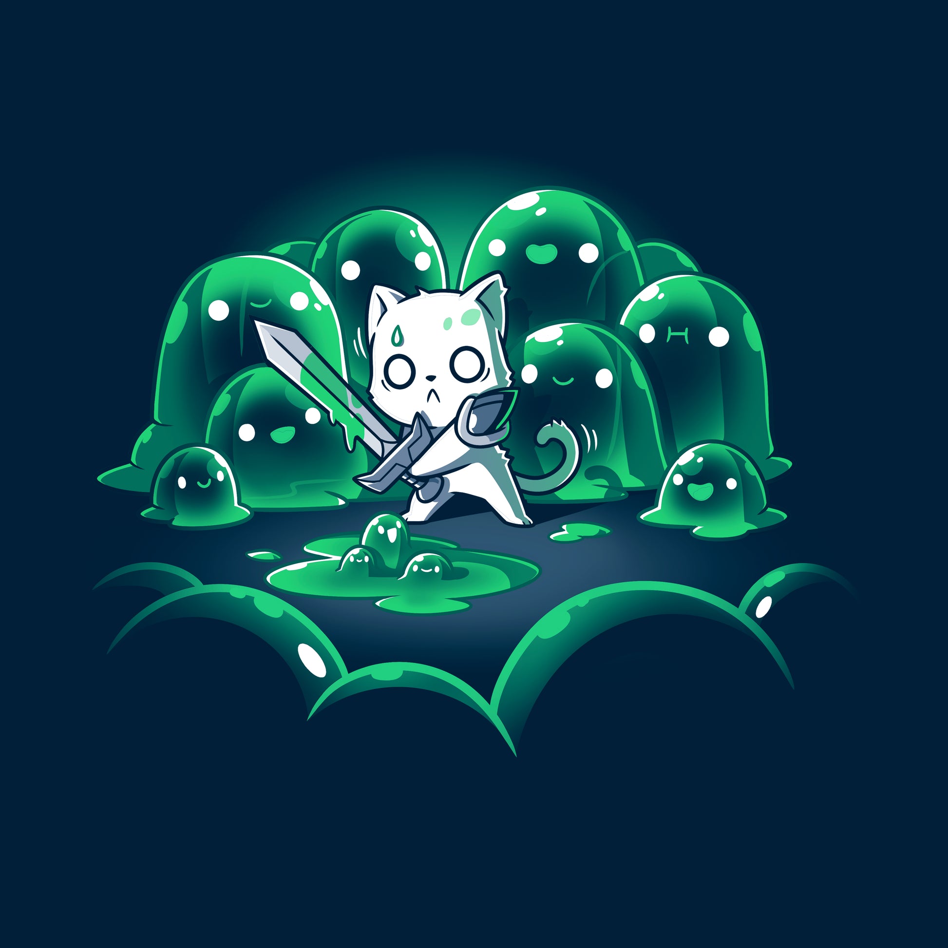 Classic Cotton T-shirt_TeeTurtle navy blue The Never-Ending Fight. Featuring a cat warrior holding a sword surprised at being surrounded by a group of green slimes.