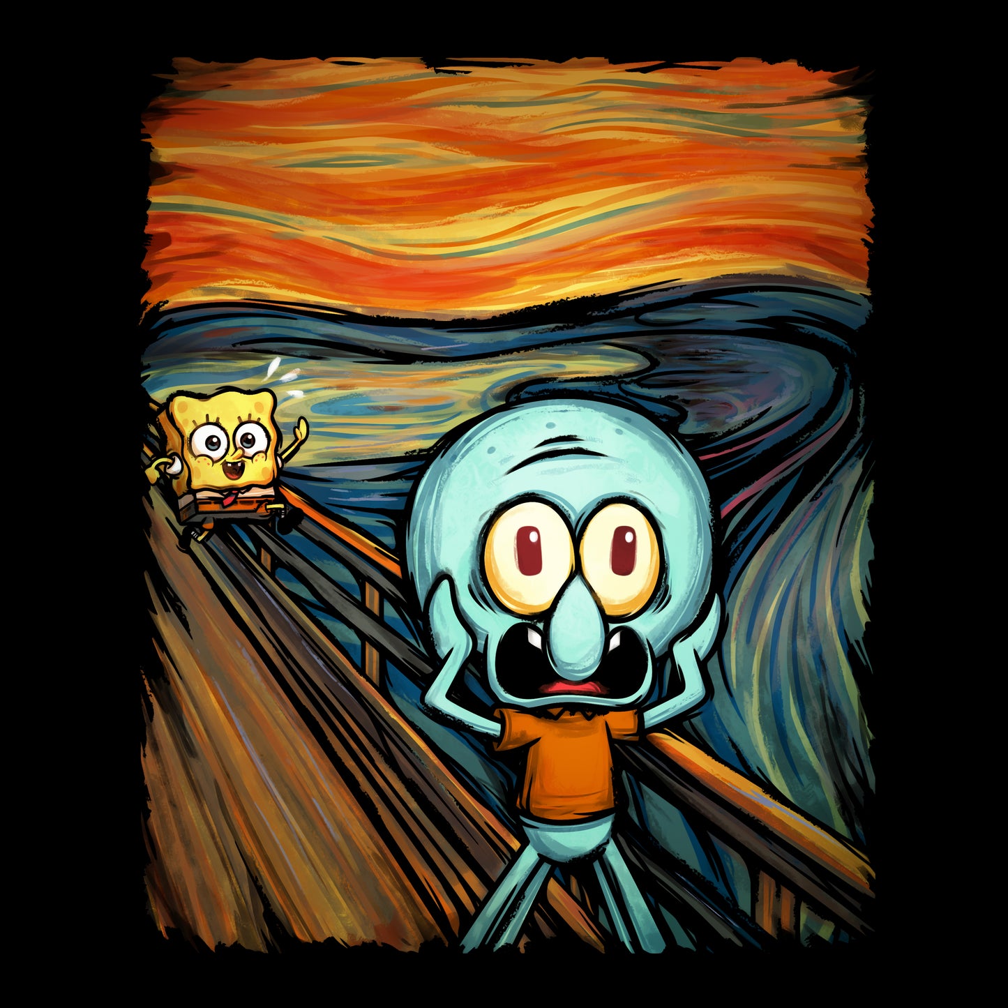 Long Sleeve T-shirt_TeeTurtle black The Scream apparel featuring a screaming Squidward with SpongeBob running towards him in the background done in a style reminiscent of the painting The Scream.