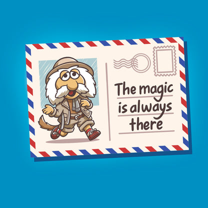Classic Cotton T-shirt_TeeTurtle sapphire blue The Magic Is Always There apparel featuring Uncle Traveling Matt on a mail postcard with the caption on the underneath the stamp, “The Magic Is Always There“.