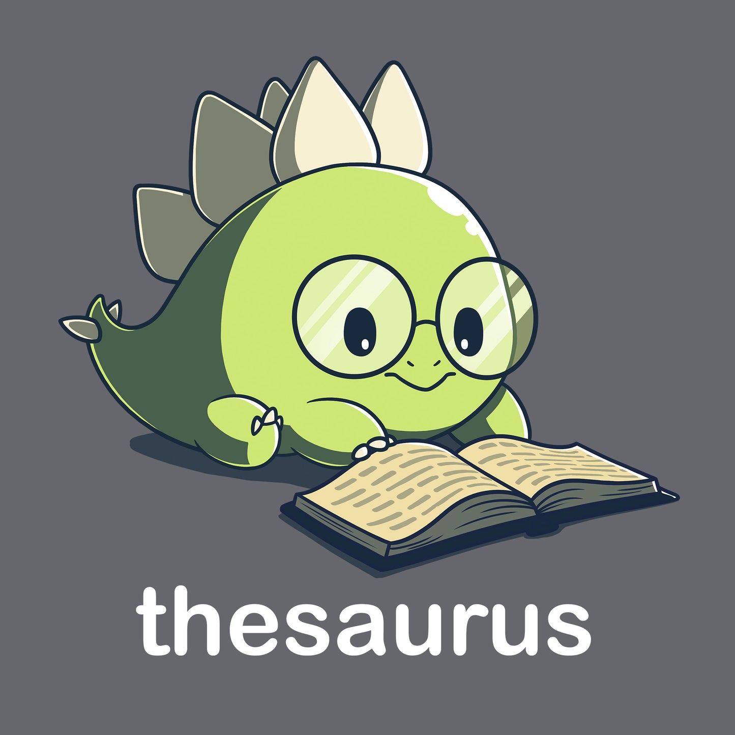 Classic Cotton T-shirt_TeeTurtle Thesaurus charcoal gray t-shirt featuring a cute green dinosaur with glasses reading an open book. Below it, the word "thesaurus" is written.