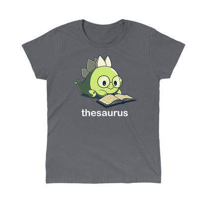 Classic Cotton T-shirt_TeeTurtle Thesaurus charcoal gray t-shirt featuring a cute green dinosaur with glasses reading an open book. Below it, the word "thesaurus" is written.